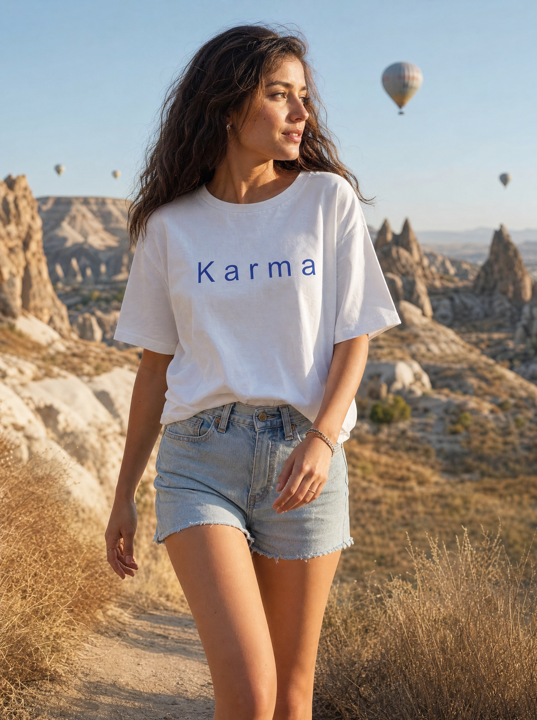 Model wearing white Real n Rare Karma Oversized Tee, front — Karma print, Cappadocia